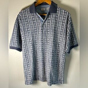 Vintage Bugle Boy Mens Polo Shirt Size M Blue Gray Aztec Geometric Pattern Retro